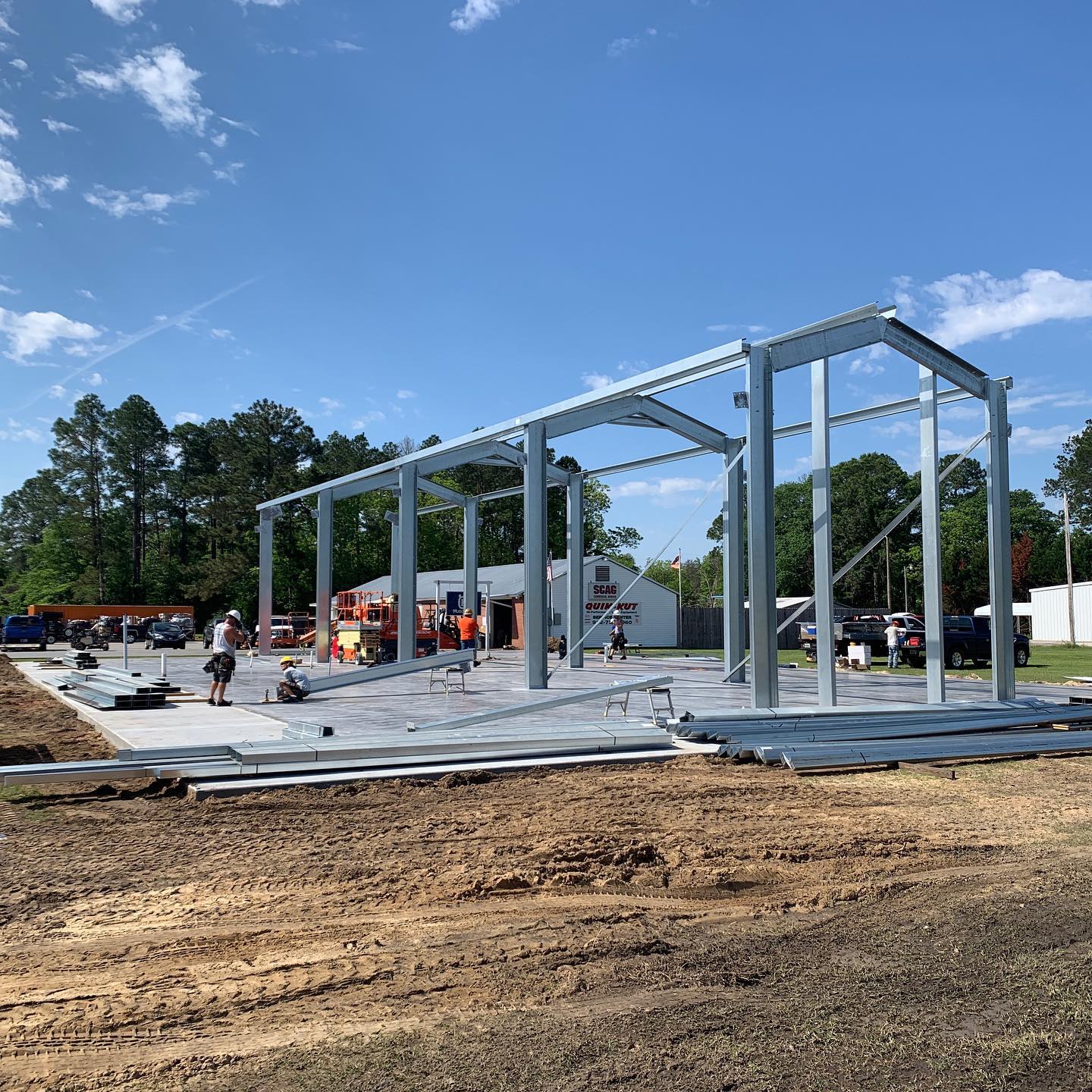 Steel building framing under construction